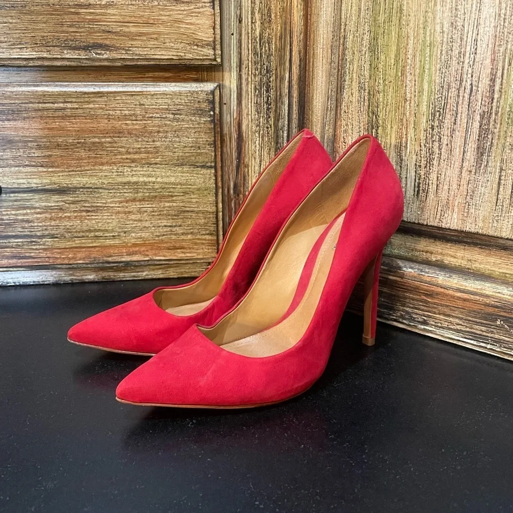 Schutz Scarlet Red Suede Pumps High Heels 4 1/2 inch heel - Picture 9 of 9
